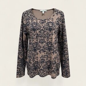 Peruvian Connection Women's Brocade Tee Brown Black Long Sleeve Made Peru Size L